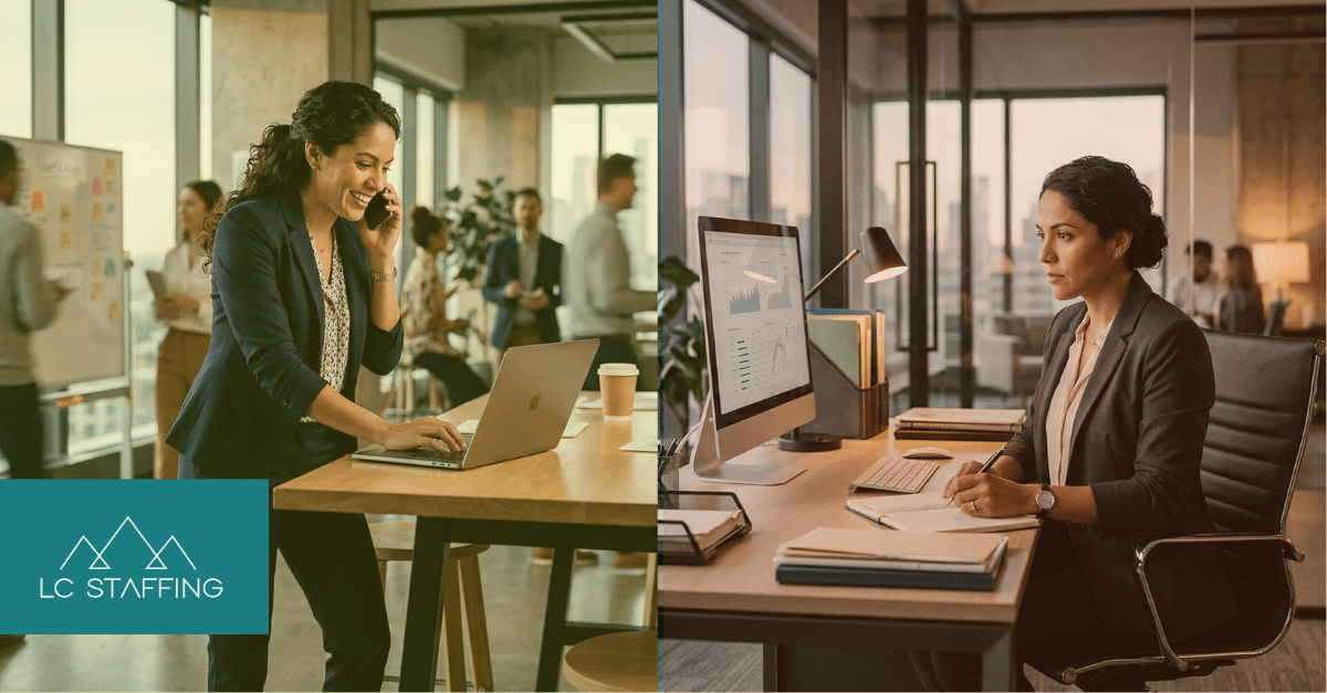 Two professionals in office settings representing temporary employment vs. direct hire options with LC Staffing