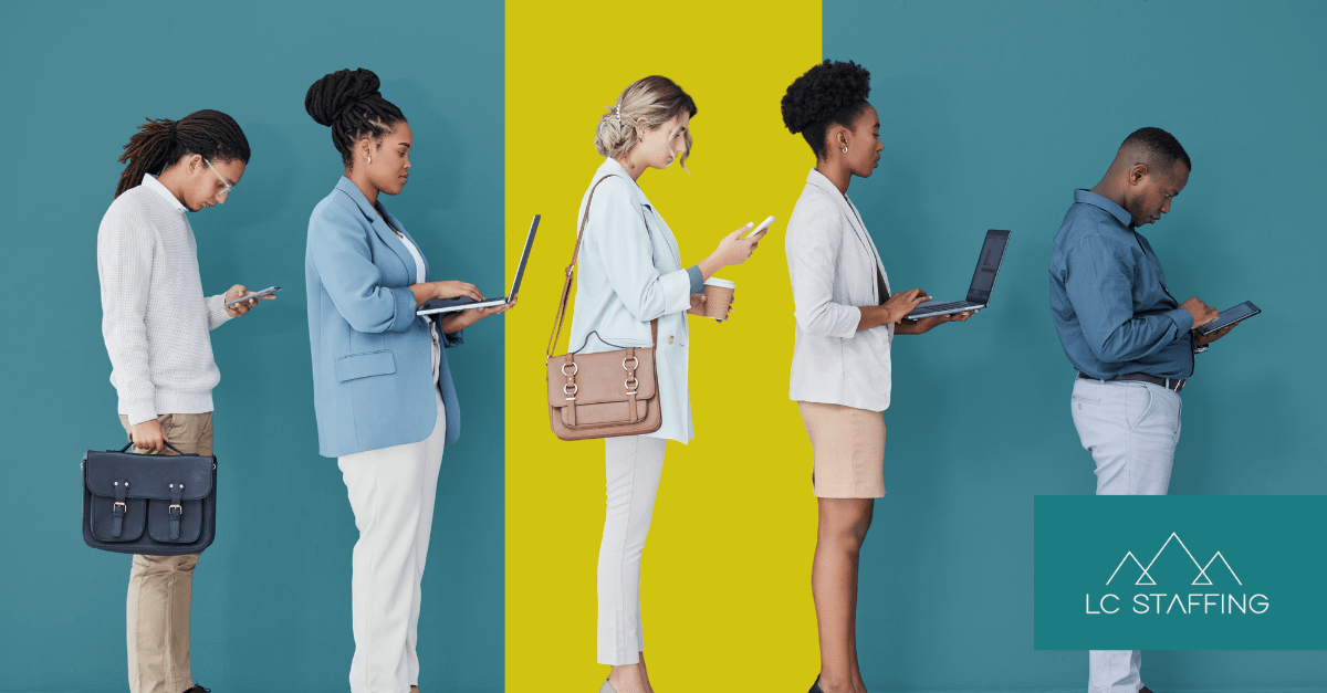 Five professionals on devices representing hard-to-fill jobs in Montana that employers are actively competing to hire for.