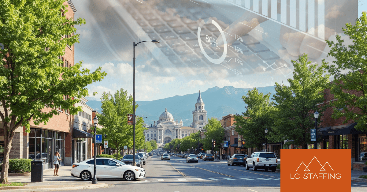 Downtown Mountain West street scene with data overlay graphics illustrating Idaho's labor market conditions and regional hiring trends.