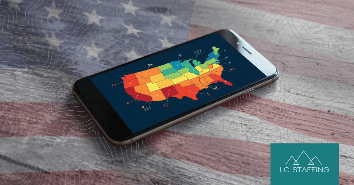 A phone displaying a color-coded U.S. labor map, illustrating how hiring in a new state varies by region, with the LC Staffing logo.
