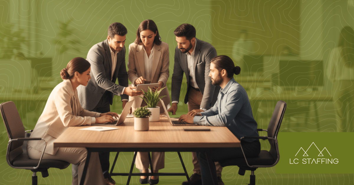Five professionals collaborating around a table, representing a strategic staffing partnership built on teamwork and shared goals.