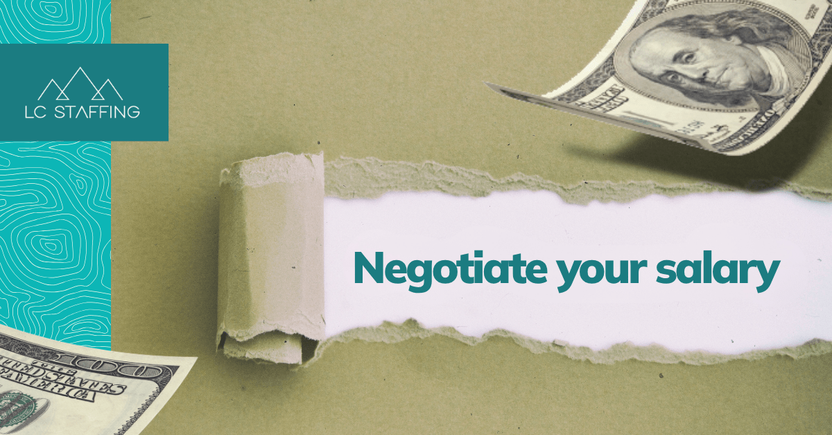 LC Staffing negotiate pay graphic showing torn brown paper reveal with cash
