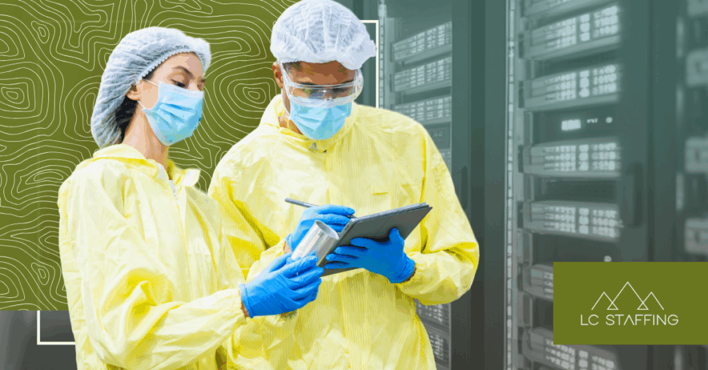 Two manufacturing workers in cleanroom gear reviewing data on a tablet